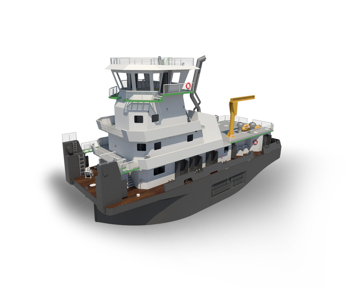 A 3D rendered image of a modern, grey and white ship with a yellow crane on the deck.