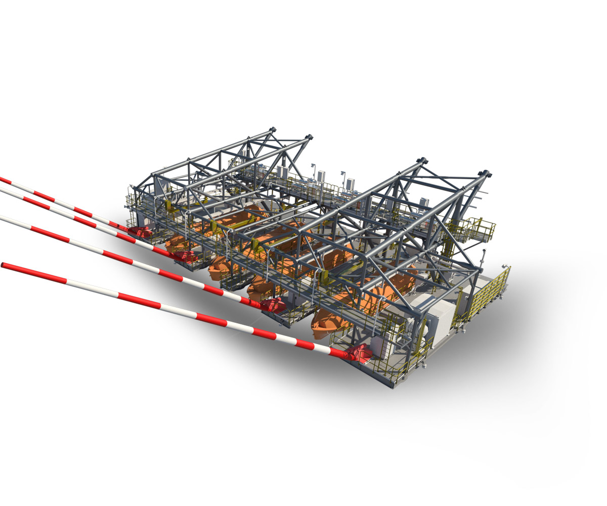 3D rendering of an industrial structure with red and white pipes leading to various equipment and machinery on a white background.