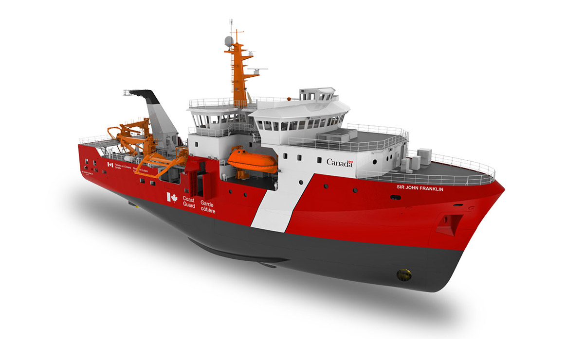 A red and white Canadian Coast Guard ship named "Sir John Franklin" with orange equipment on deck, isolated on a white background.