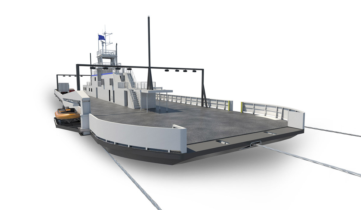 3D rendering of modern car ferry design showing dock and control tower, isolated on a white background.