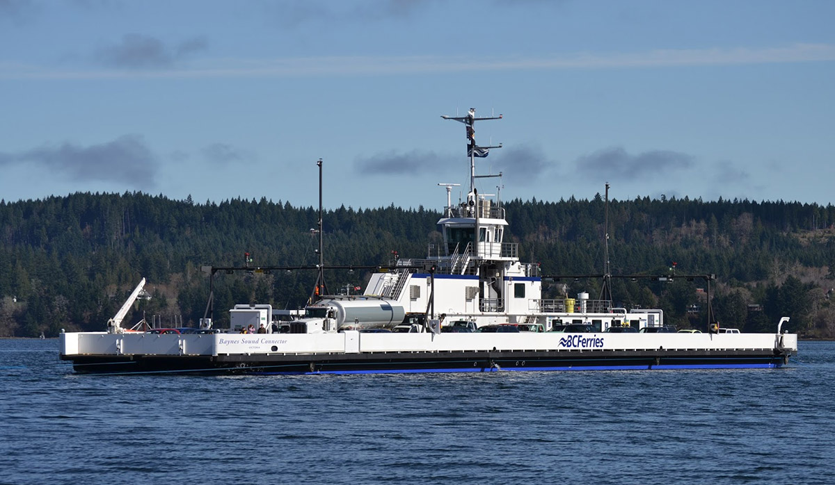 3D rendering of modern car ferry design showing dock and control tower, isolated on a white background.