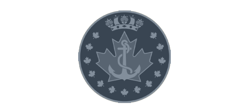 Round blue and white badge with a large maple leaf and anchor in the center, surrounded by smaller maple leaves and a crown at the top.