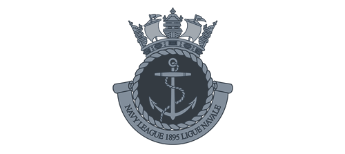 Navy League emblem in gray and blue consisting of an anchor, surrounded by a life ring with the words "Navy League 1895 Liga Naval", topped with a ship's steering wheel and a royal crown.