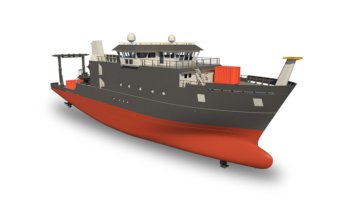 A 3D rendered image of a large grey and red ship with shipping containers on its deck, a crane at the rear, and multiple windows on its front structure.