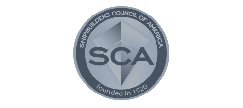 Logo of the Shipbuilders Council of America with the initials SCA in the center of a gray hexagon and "founded in 1920" written at the bottom.