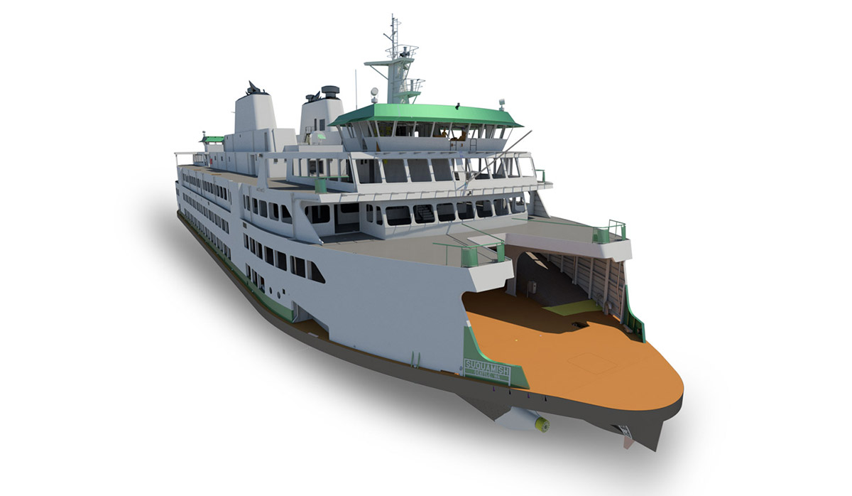 A 3D rendered image of a large ferry boat with multiple decks, a green and white exterior, and an open car ramp at the front.