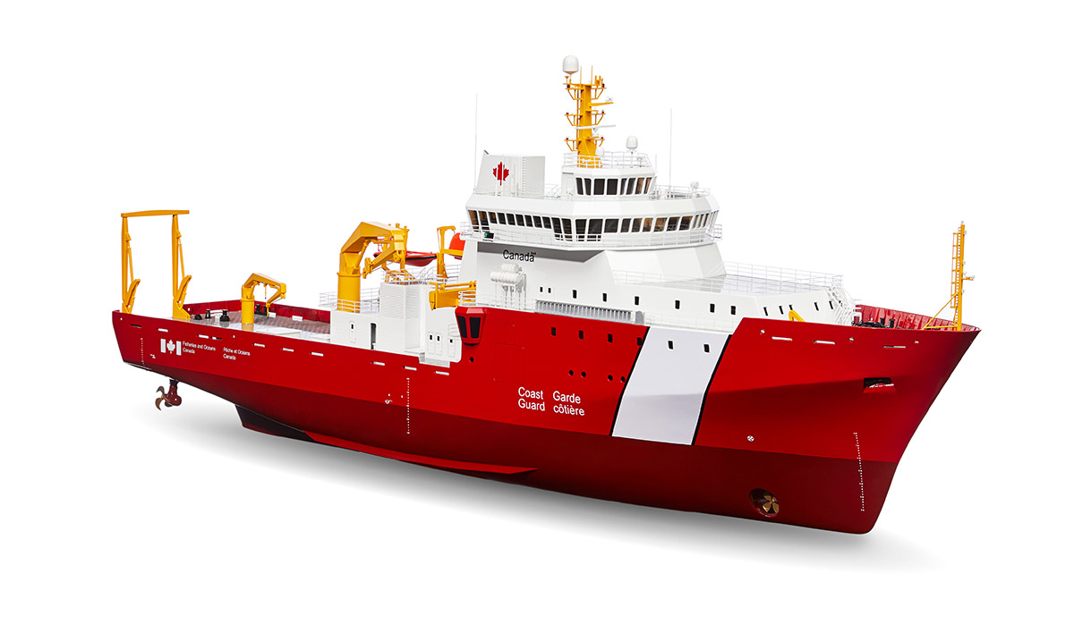 A red and white Canadian Coast Guard ship isolated on a white background.