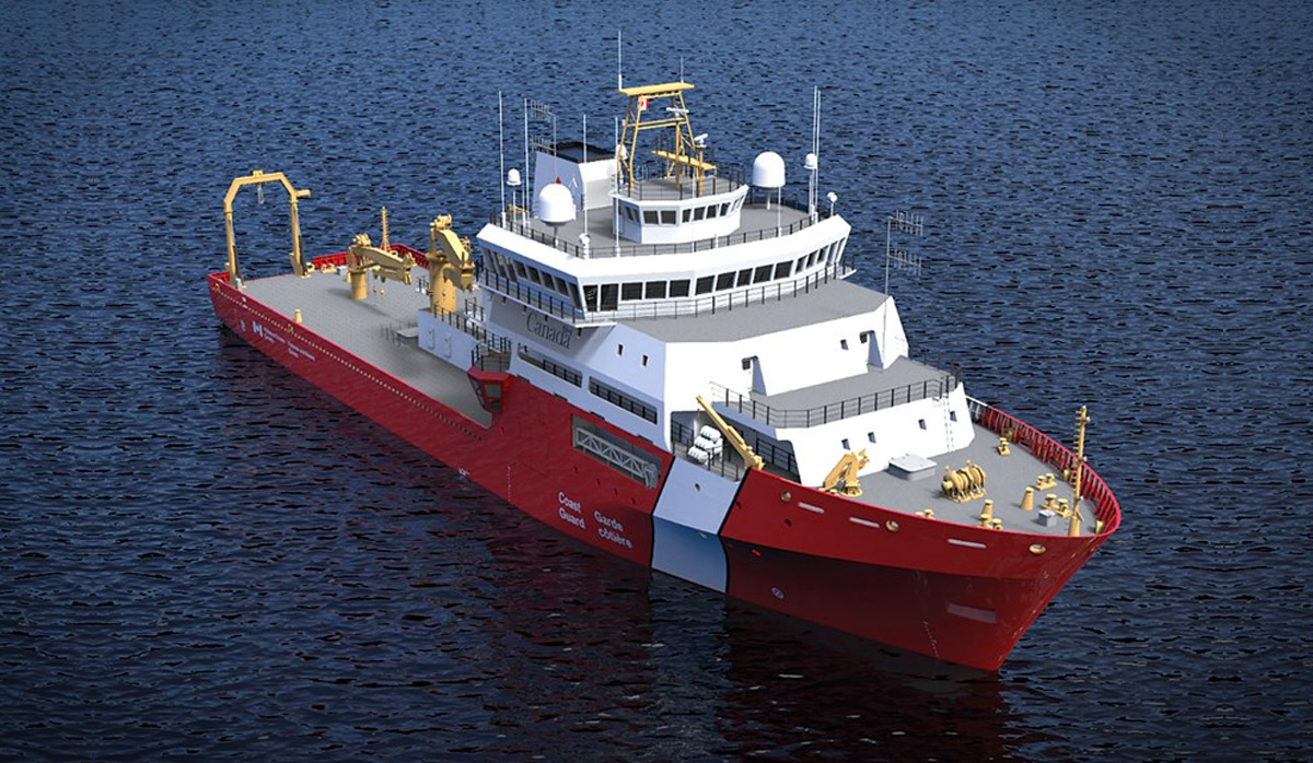 A red and white Canadian Coast Guard ship floating on calm blue waters.