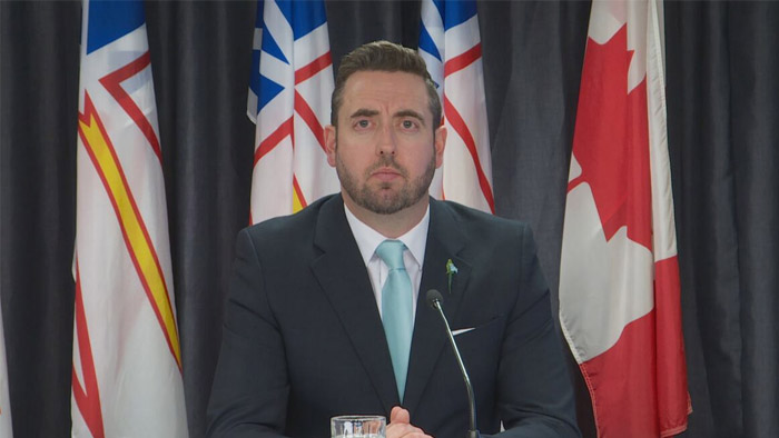 Man in business suit delivering speech at podium with Canadian and provincial flags in the background.