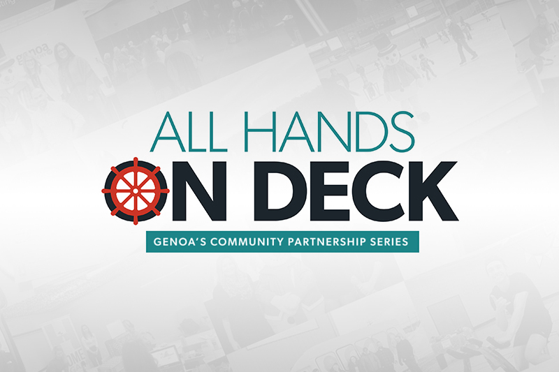 Promotional banner for 'All Hands on Deck,' a community support series by Genoa featuring a ship's wheel logo and a montage of community images in the background.