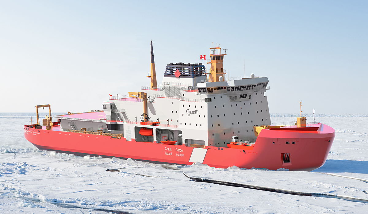 A red and white Canadian Coast Guard icebreaker ship navigating through a frozen sea with ice and snow surrounding it.