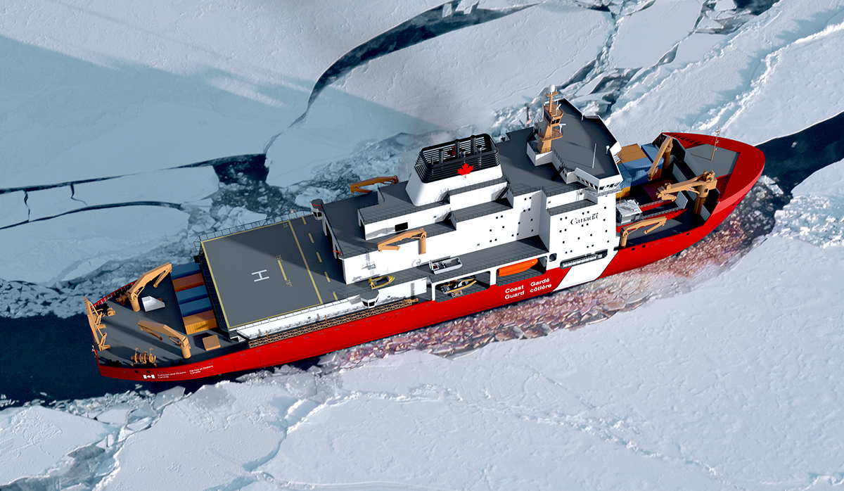 A red Canadian Coast Guard icebreaker ship navigates through broken ice in a frozen sea.