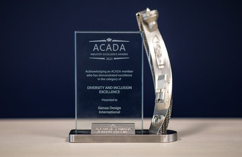 2023 ACADA Industry Excellence Award for Diversity and Inclusion presented to Genoa Design International, featuring a silver trophy with detailed engraving, against a dark blue background.