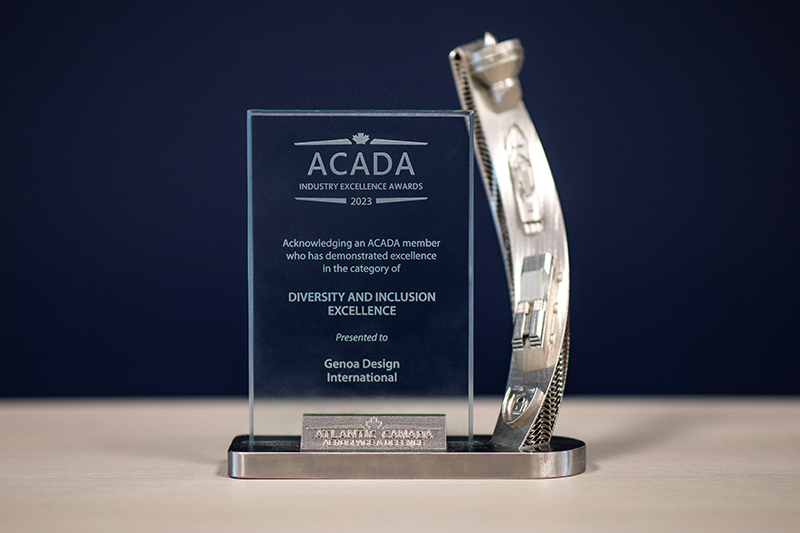 2023 ACADA Industry Excellence Award for Diversity and Inclusion presented to Genoa Design International, featuring a silver trophy with detailed engraving, against a dark blue background.