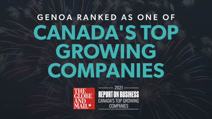 Graphic announcement with text "Genoa ranked as one of Canada's Top Growing Companies" with The Globe and Mail's Report on Business logo for 2021 and fireworks in the background.