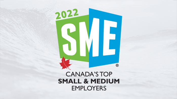 Logo for Canada's Top Small & Medium Employers 2022 with a green and blue emblem that reads SME, and a red maple leaf, with wave in the background.