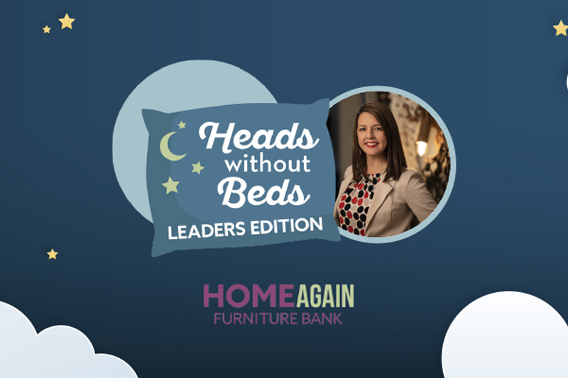 An image featuring a night-themed background with stars and clouds, in the center is a pillow-shaped design with text that reads "Heads without Beds LEADERS EDITION," below the pillow is the Home Again Furniture Bank logo, there is a circular cut-out with a photo of a women dressed in business attire.