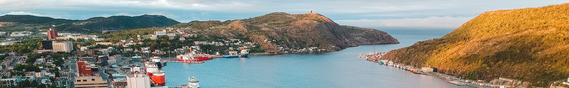 Panoramic aerial view of a coastal town with vibrant autumn hills, a bustling harbor with ships, at sunset.