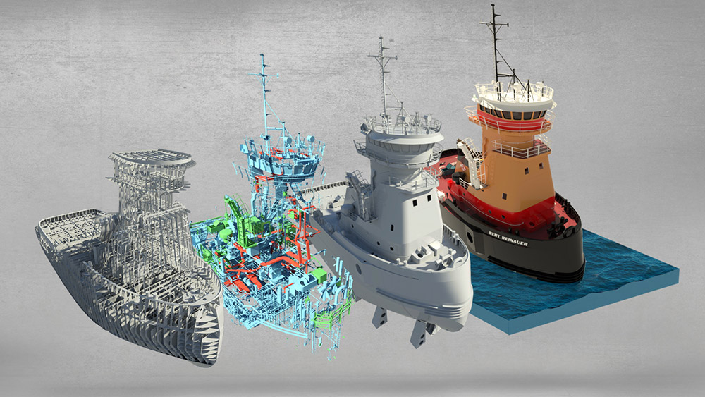 Digital illustration of a shipbuilding process showing three stages: the ship's skeletal frame, the addition of internal components and machinery, and the finished vessel floating on water.