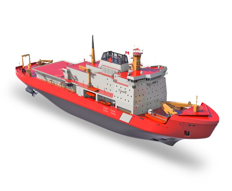 A large red and white Canadian Coast Guard icebreaker ship with a helicopter landing pad on the stern, multiple antennas and a tall exhaust stack on the top deck.