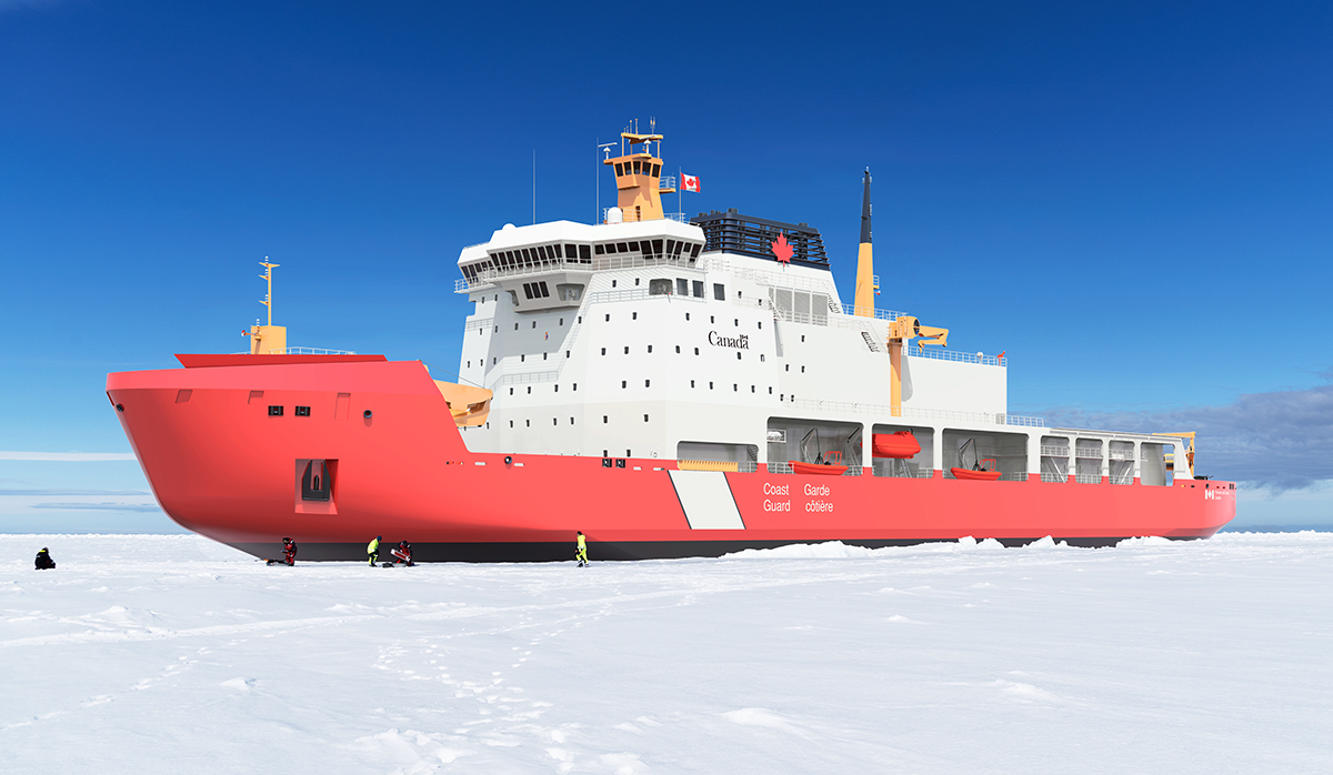 A large red and white Canadian Coast Guard icebreaker ship is docked on an ice-covered sea with a clear blue sky in the background.