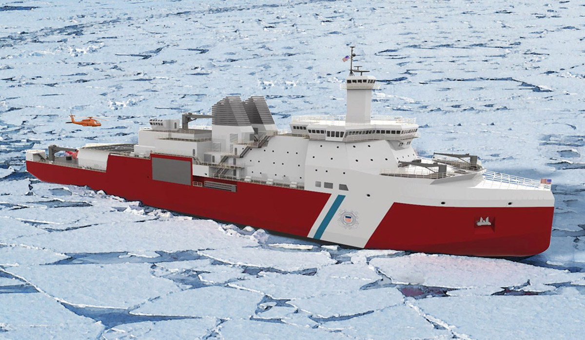 Red and white icebreaker ship navigating through broken ice floes with a helicopter flying nearby.