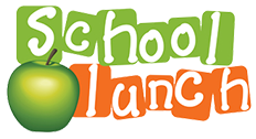 A logo for school lunch with green and orange text and a green apple next to the words "School Lunch".