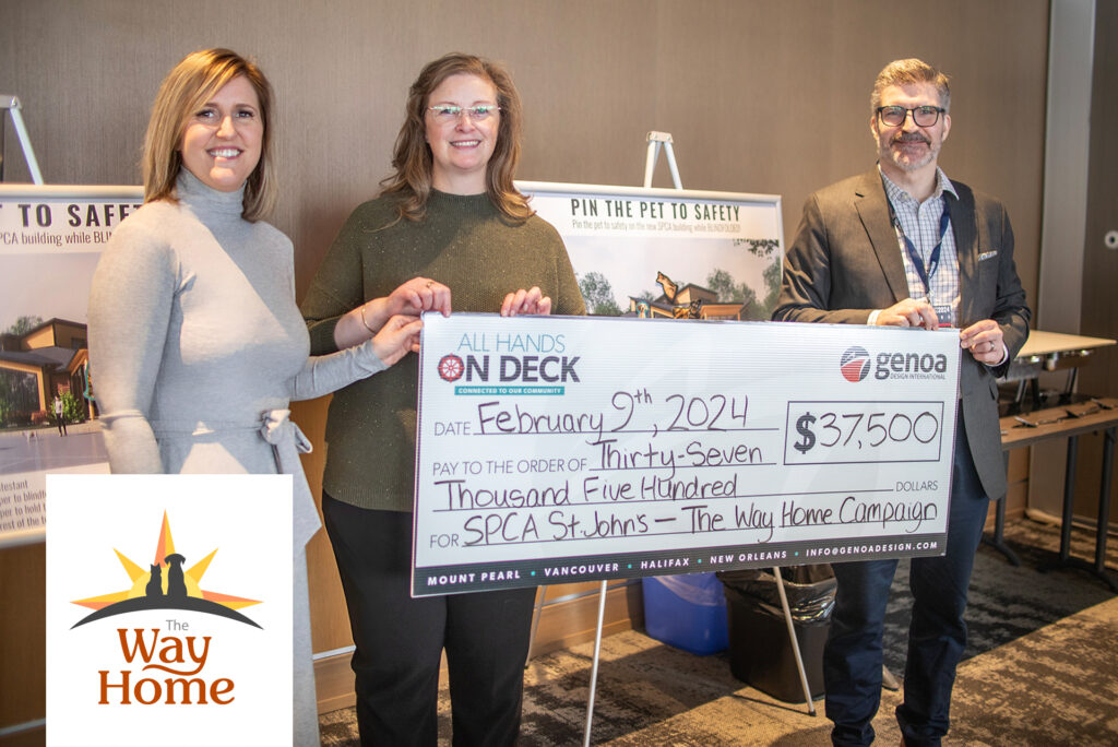 Three individuals stand side by side, holding a large ceremonial check from 'All Hands on Deck' for $37,500, dated February 9th, 2024, payable to SPCA St. John's for The Way Home Campaign, in Genoa's mission for community support.