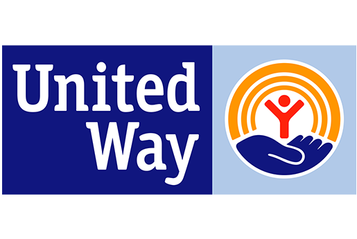 Logo of United Way with text in white on a blue background and an image of a person with outstretched arms in a hand on an orange and white background.