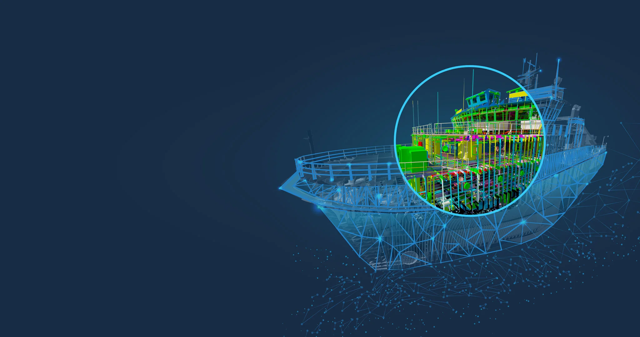 Digital wireframe model of a ship with a close-up circle highlighting the colorful interior structure on a dark blue background with abstract geometric shapes.