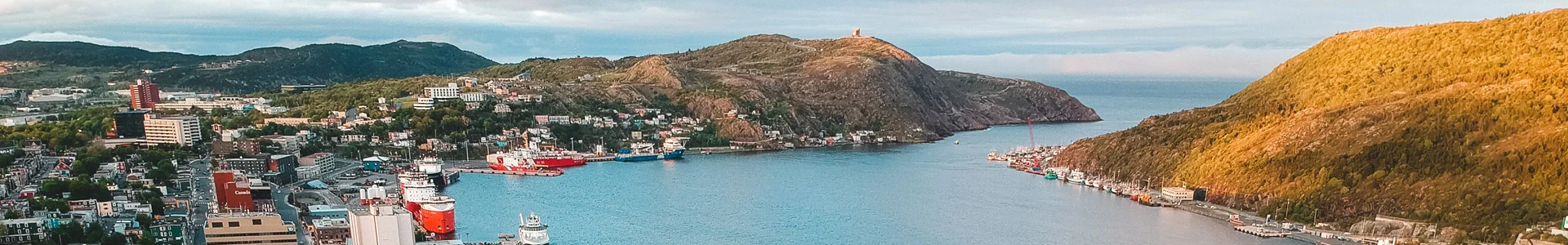 Panoramic aerial view of a coastal town with vibrant autumn hills, a bustling harbor with ships, at sunset.